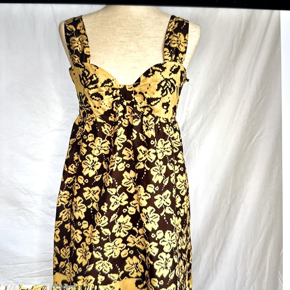 Pow WOW 100% Silk Baby doll Floral mini Dress Womens 14 Smocked yellow Brown